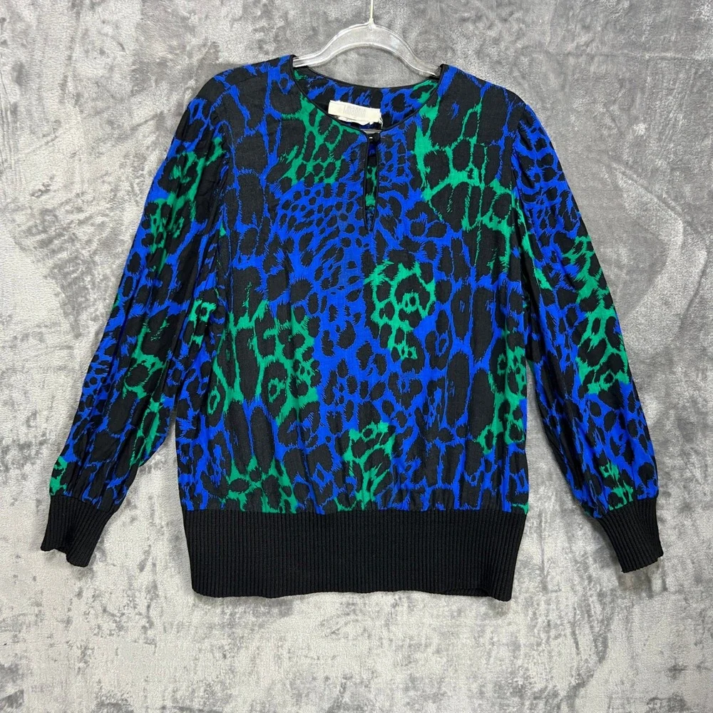 VTG 80s Glam Leopard Print 2 Piece Set Electric Blue Skirt Top Blouse Midi Funky